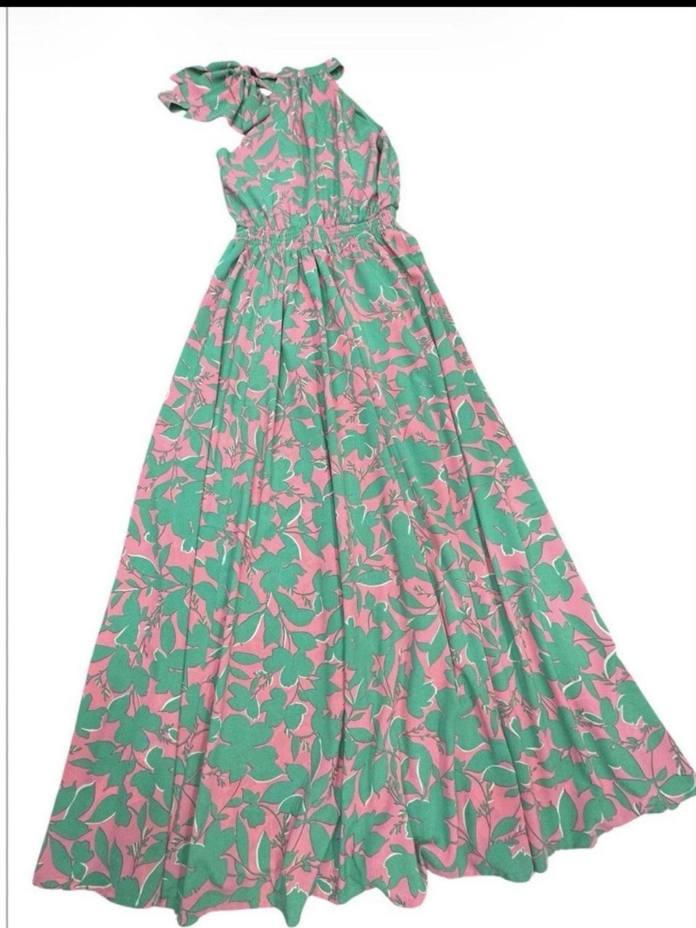 Meet Me in Santorini Green Pink Floral Halter Ruffle Lined Maxi Dress XS - Picture 8 of 8